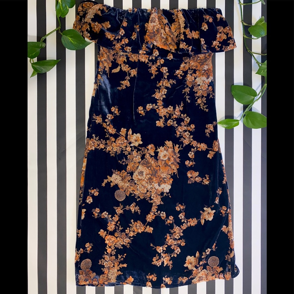 Velvet Blue and Brown Pink flowers strapless dress
